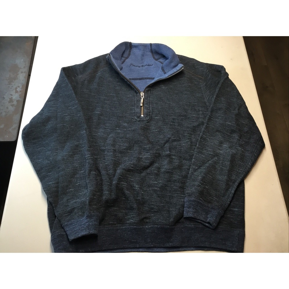 Tommy Bahama Navy Blue Mens Quarter Zip Sweater W Brown Accents See Measurements